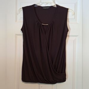 'Candid Soul' dark chocolate brown sleeveless blouse gold embellishment Sz. L